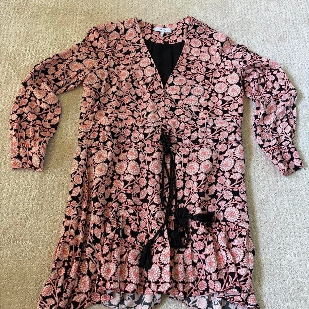Reiss Floral Flip Dress Size 8 Black Coral with Tassels